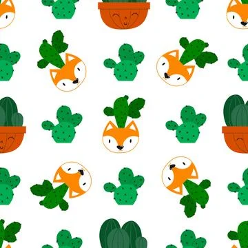 Flat cacti houseplant background. Seamless pattern. Cactus fabric pattern, cu Stock Illustration