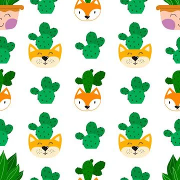 Flat cacti houseplant background. Seamless pattern. Cactus fabric pattern, cu Stock Illustration