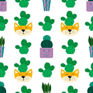Flat cacti houseplant background. Seamless pattern. Cactus fabric pattern, cu Illustrazione stock