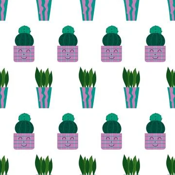 Flat cacti houseplant background. Seamless pattern. Cactus fabric pattern, cu Stock Illustration
