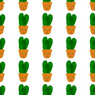 Flat cacti houseplant seamless pattern. Cactus fabric pattern, cute pots with 库存插图