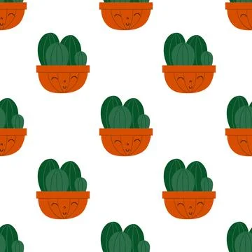 Flat cacti houseplant seamless pattern. Cactus fabric pattern, cute pots with Stock Illustration