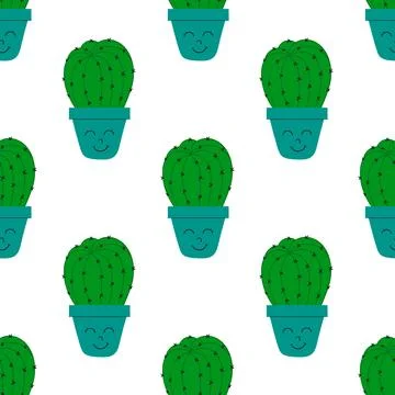 Flat cacti houseplant seamless pattern. Cactus fabric pattern, cute pots with Stock Illustration