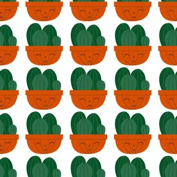 Flat cacti houseplant seamless pattern. Cactus fabric pattern, cute pots with Stock Illustration