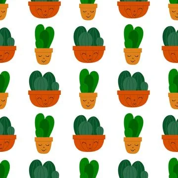 Flat cacti houseplant seamless pattern. Cactus fabric pattern, cute pots with 库存插图