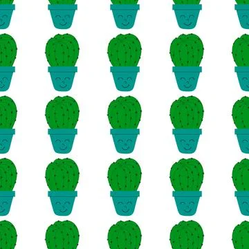 Flat cacti houseplant seamless pattern. Cactus fabric pattern, cute pots with Stock Illustration