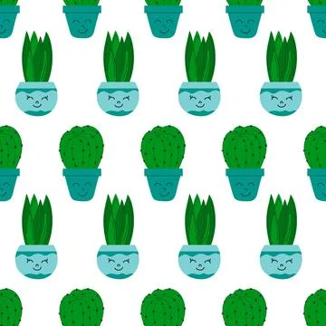 Flat cacti houseplant seamless pattern. Cactus fabric pattern, cute pots with Stock Illustration