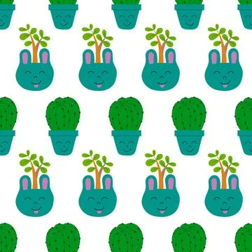 Flat cacti houseplant seamless pattern. Cactus fabric pattern, cute pots with 스톡 일러스트