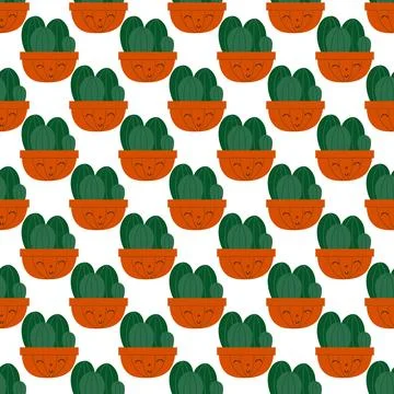 Flat cacti houseplant seamless pattern. Cactus fabric pattern, cute pots with Stock Illustration