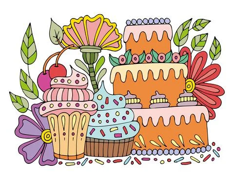 Flat cake. Cupcake with cream. Biscuit dessert. Festive food for a birthday.  Stock Illustration