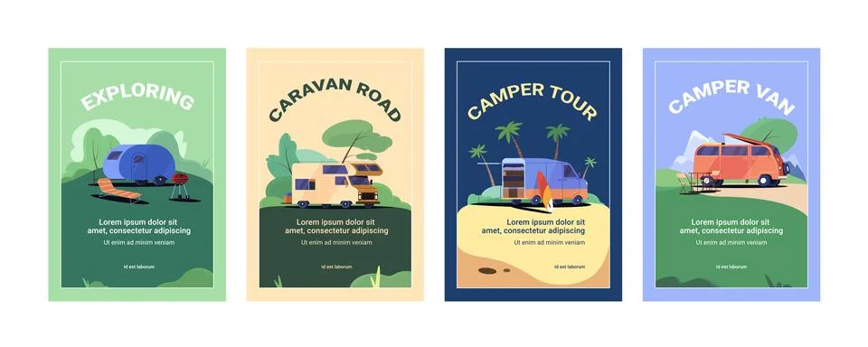 Flat camp posters with camper van, chair and surfboard Stock Illustration