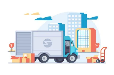 Flat car delivery with modern moving boxes. Stock Illustration