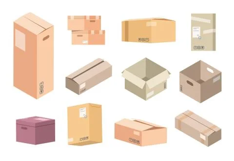 Flat cardboard boxes. Carton parcels delivery, open and closed isolated Stock Illustration