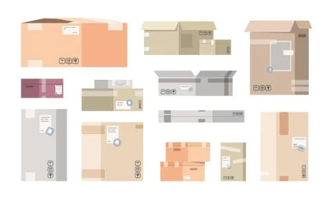 Flat cardboard boxes. Carton warehouse packs, 3D cargo packages, isolated Stockillustratie