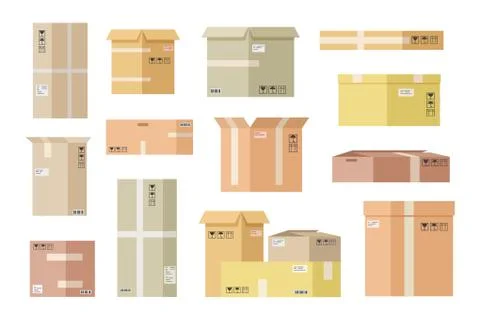 Flat cardboard boxes. Open paper box, shipping package. Crate carton delivery 스톡 일러스트