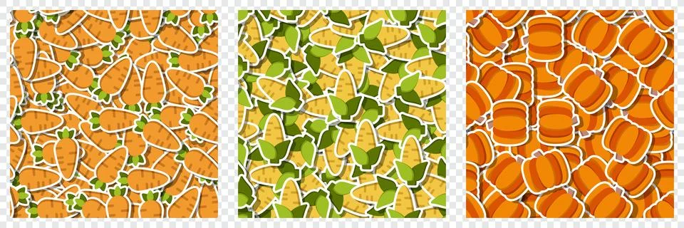 Flat carrot, corn, pumpkin vegetable sticker seamless pattern. Modern backg.. Stock Illustration