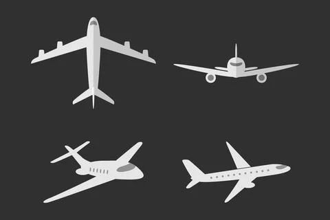 Flat Cartoon Airplane Icon Set, Vector Illustration. Four Passenger Planes in イラスト素材