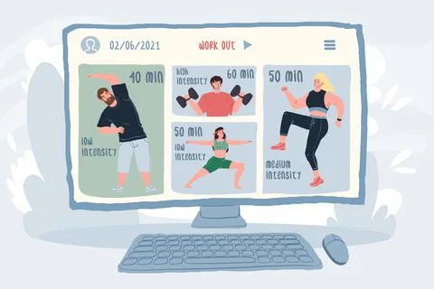 Flat cartoon athlete characters on computer screen,sports online app use vector Stock Illustration