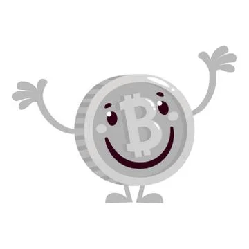 Flat Cartoon bitcoin character. Silver Bitcoin emoticon. 스톡 일러스트