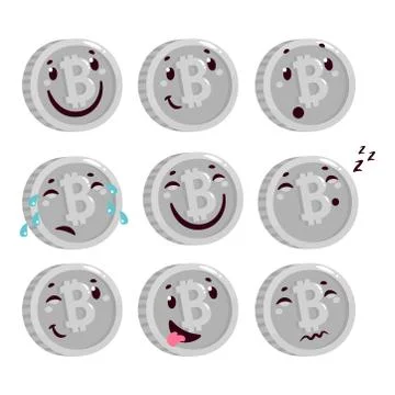 Flat Cartoon bitcoin character. Silver Bitcoin emoticon set. Stock Illustration