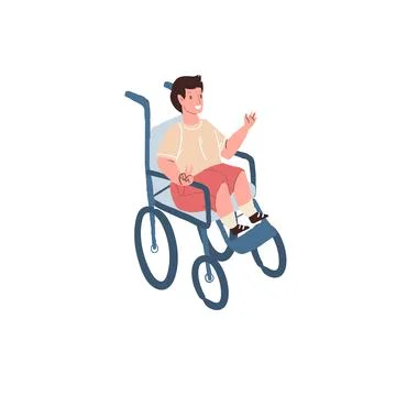 Flat cartoon boy character sits in wheelchair,disabled childrens care and Stock Illustration