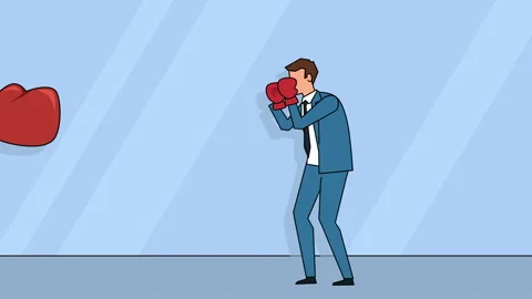 Flat cartoon businessman character boxing with a big boxing glove business Stock Footage