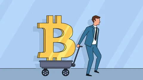 Flat cartoon businessman character  pulls cart with bitcoin sign money concept Stock-Footage 98655367