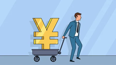 Flat cartoon businessman character  pulls cart with yen sign money concept Stock-Footage 98655563
