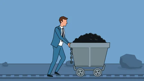 Flat cartoon businessman character pushing miners wagon barrow coal minerals 스톡 동영상 102719341