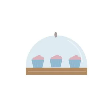 Flat cartoon cakes under transparent cover,restaurant and cafe dishes Stock Illustration