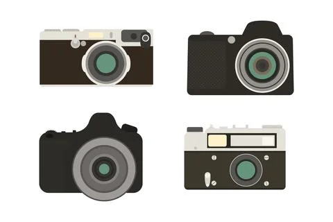 Flat Cartoon Camera Icon Vector Set. Retro and Modern Photo Cameras Front View イラスト素材