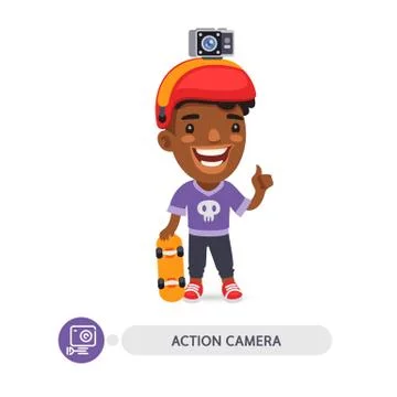 Flat Cartoon Character with Action Camera Stock Illustration