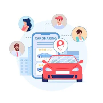 Flat cartoon character avatars use car sharing service with mobile app,vector Stock Illustration