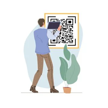Flat cartoon character with blank screen phone QR scan vector illustration 스톡 일러스트