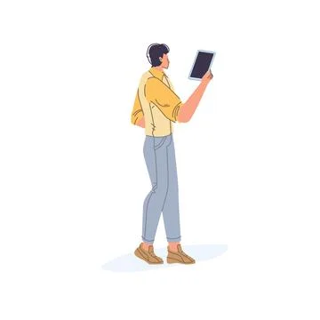 Flat cartoon character with blank screen tablet vector illustration concept Stock Illustration