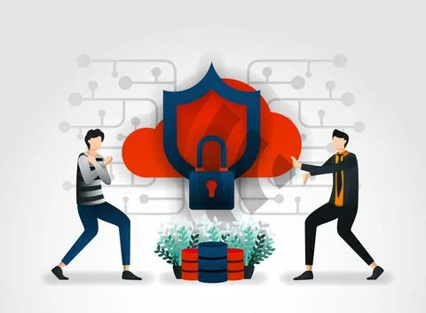 Flat cartoon character. developers keep cloud storage, server, database from  Stock Illustration