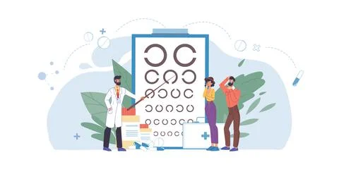 Flat cartoon character doctor at work,visual acuity test vector illustration Stock Illustration