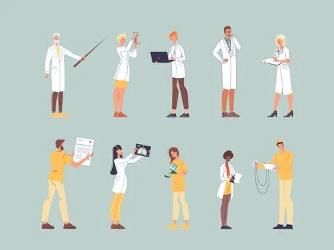 Flat cartoon character doctors at work set vector illustration concept Stock-Illustration