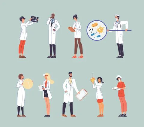 Flat cartoon character doctors at work set vector illustration concept Illustrazione stock