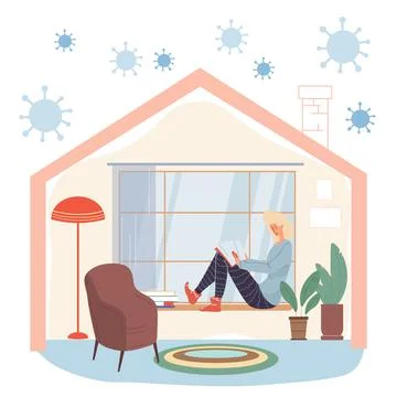 Flat cartoon character at home in self quarantine during coronavirus pandemic Stock-Illustration