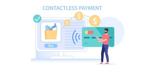 Flat cartoon character makes nfc contactless card payment,vector illustration Illustrazione stock