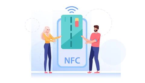 Flat cartoon character makes nfc contactless card payment,vector illustration Stock Illustration
