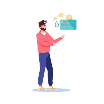 Flat cartoon character presents nfc contactless card payment,vector illustration Illustrazione stock