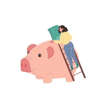 Flat cartoon character put banknotes in piggy bank,money saving vector Stock Illustration