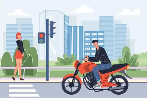 Flat cartoon character rides motorcycle,vector illustration concept Illustrazione stock