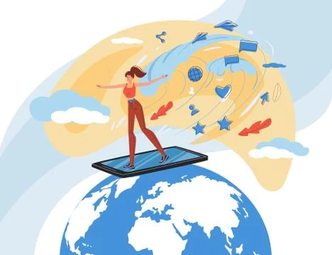 Flat cartoon character surfing internet, vector illustration concept 스톡 일러스트