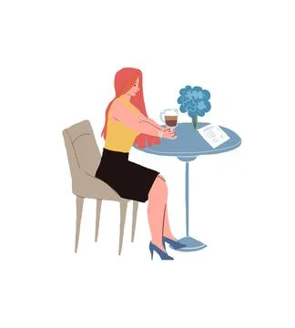 Flat cartoon character at table in restaurant cafe,meal break and catering Stock Illustration