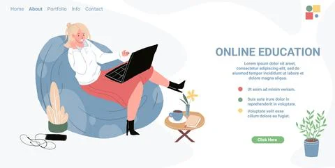 Flat cartoon character taking online educational course,vector landing page Illustrazione stock