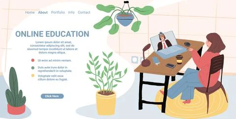 Flat cartoon character taking online educational course,vector landing page Stock Illustration