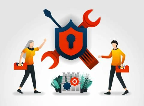 Flat cartoon character. technicians carry out maintenance and repairs to secu Stock Illustration